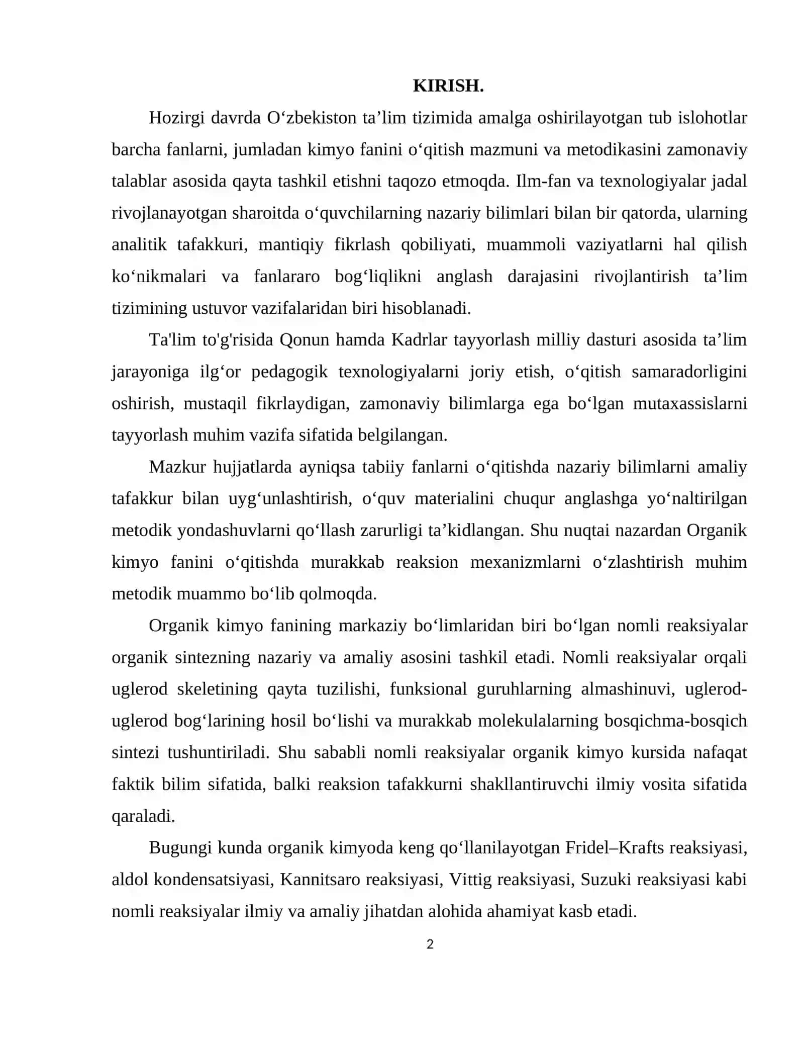 Organik kimyoga oid nomli reaksiyalar tahlili va ularni o‘zlashtirish metodikasi 2