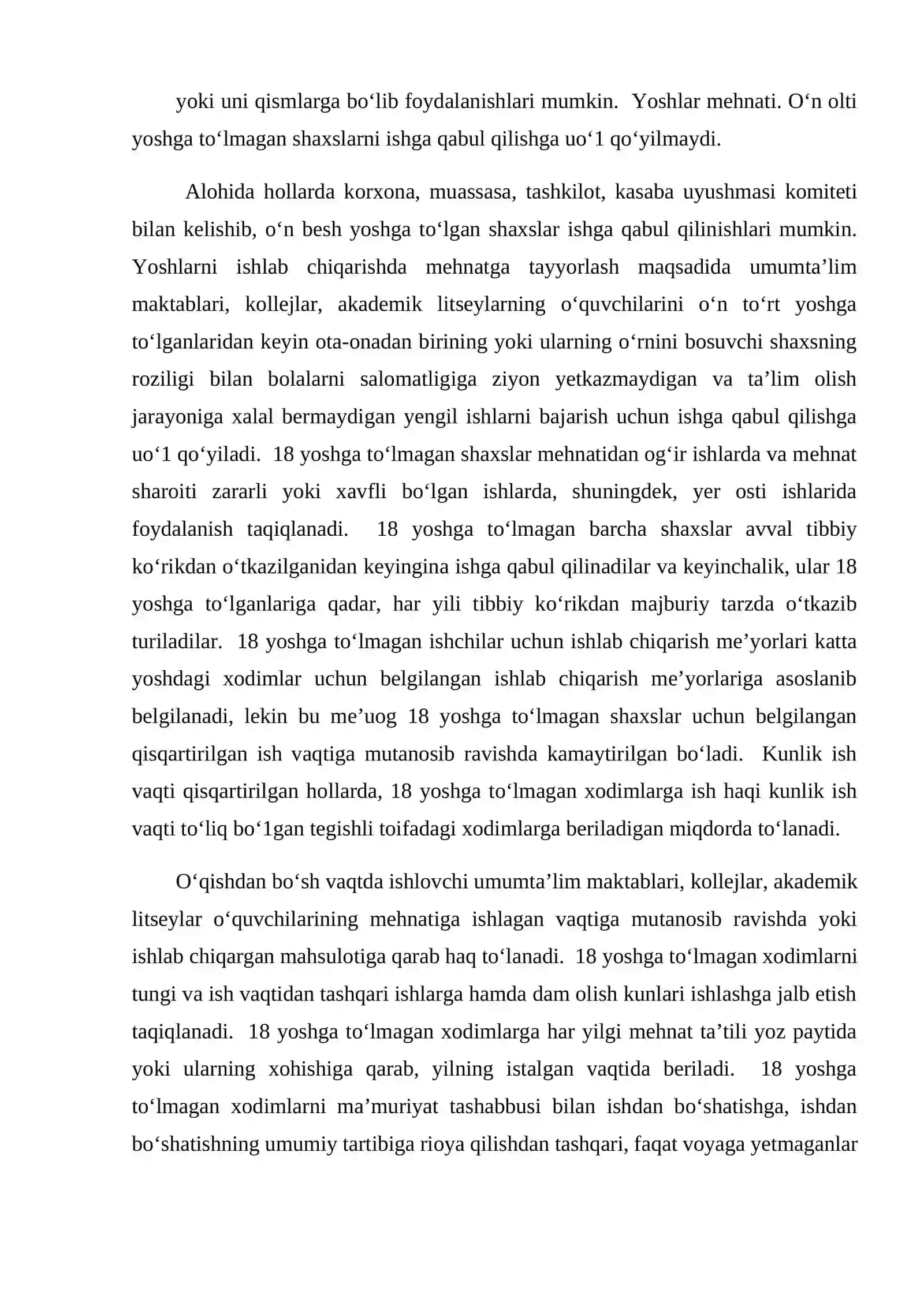 Ayollar va o'smirlar mehnatini himoyalash va ularga belgilangan imtiyozlar 2