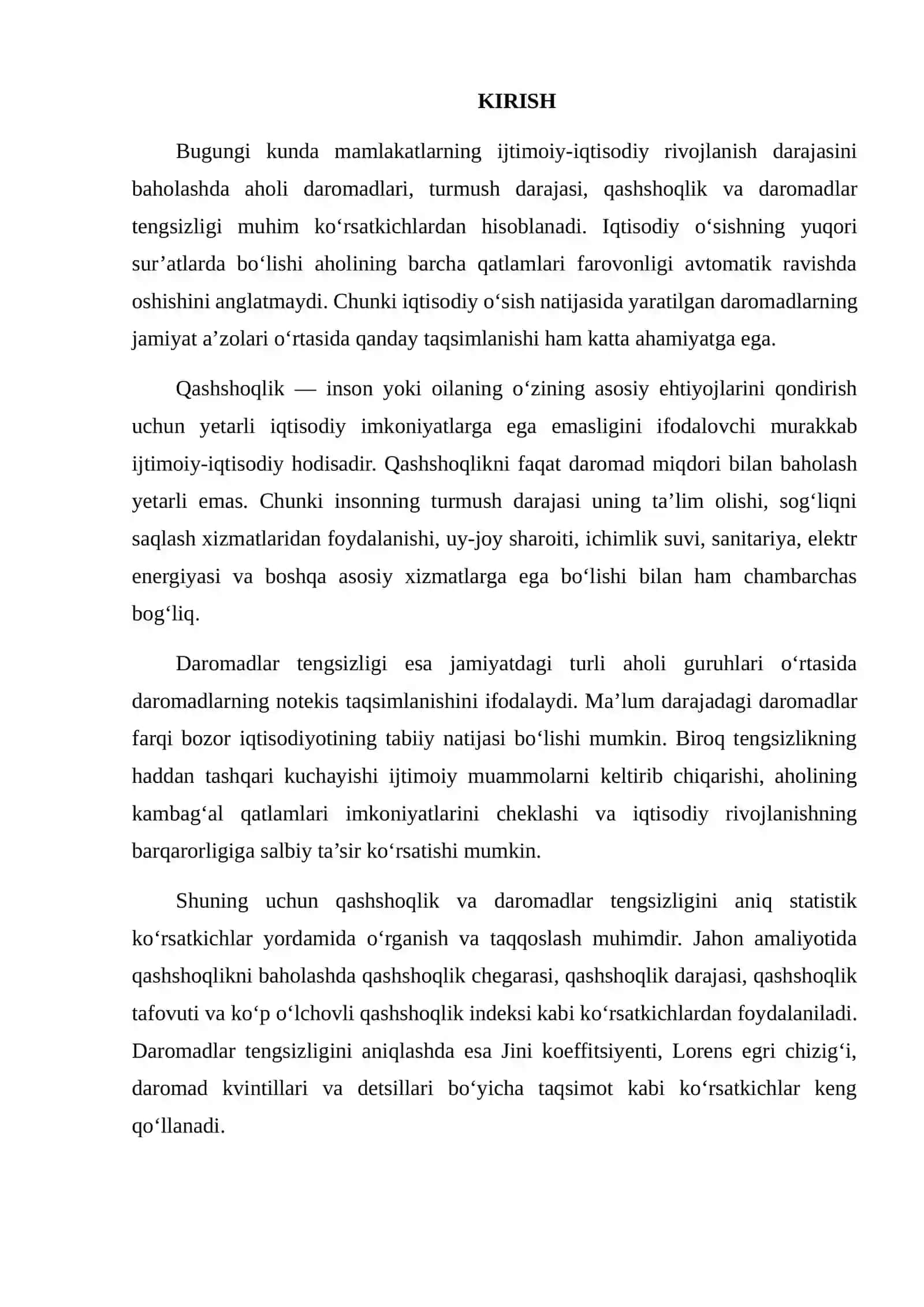 Qashshoqlik va Daromadlar Tengsizligini Baholash Ko‘rsatkichlari Bo‘yicha Taqqoslama Tahlil 2