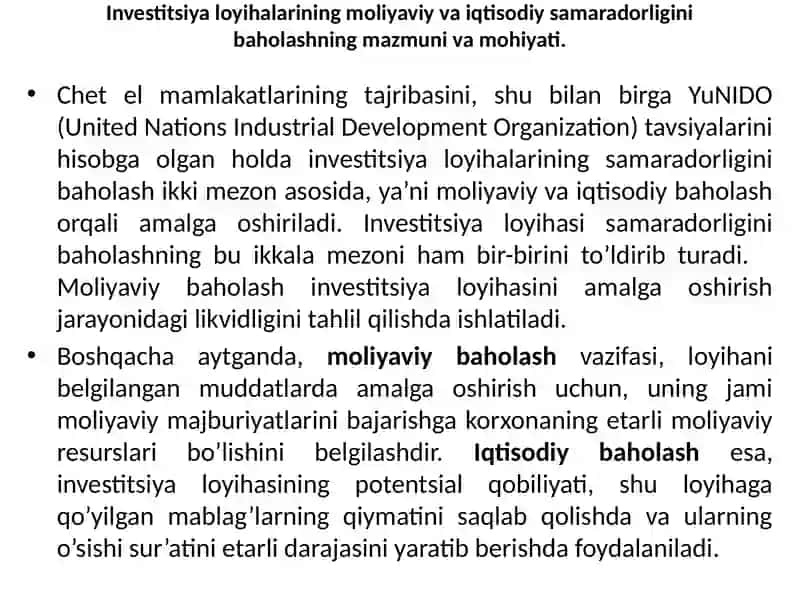 Investitsiyaloyihalarining moliyaviy vaiqtisodiy samaradorligini baholash mazmuni va mohiyati 2