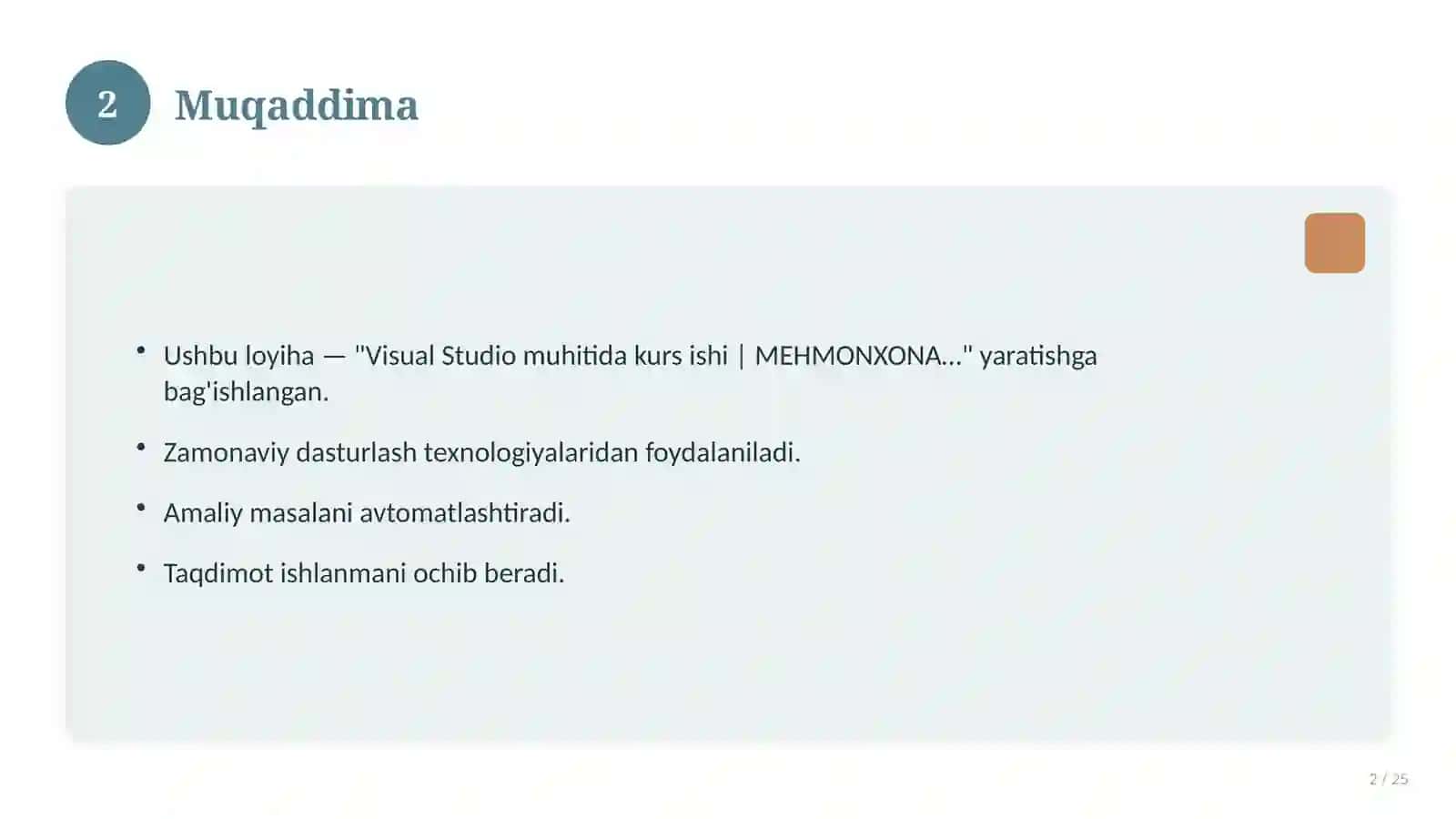 Visual Studio muhitida kurs ishi | MEHMONXONA MA’LUMOTLARI UCHUN DASTUR ILOVASINI YARATISH 2