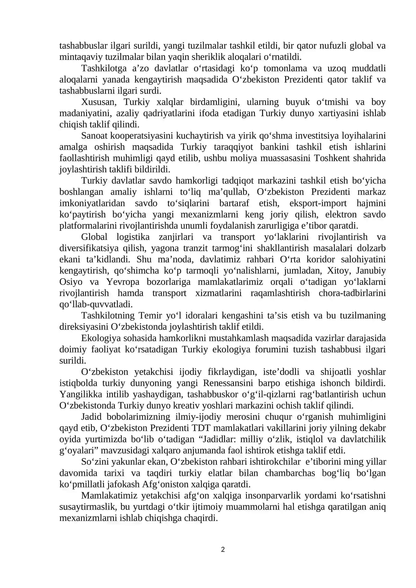 Turkiy davlatlar tashkiloti sammitida muhim tashabbuslarni ilgari surdi 2