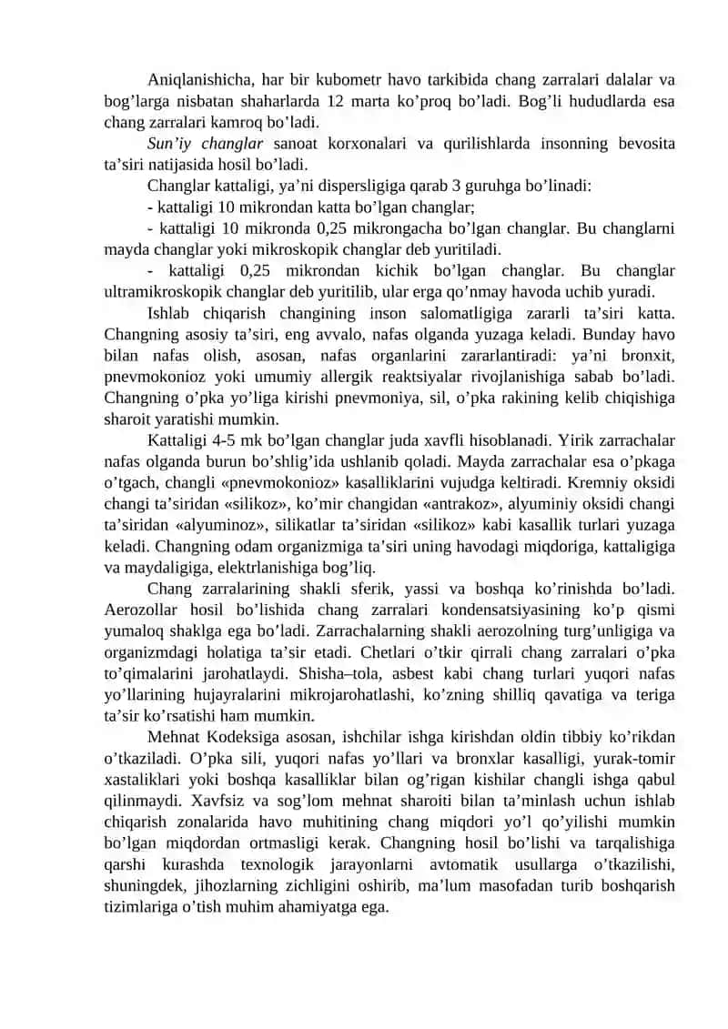 Ishlab chiqarish changlari va zaharli moddalarning inson organizmiga salbiy ta’siri, ularga qarshi chora-tadbirlar. 2