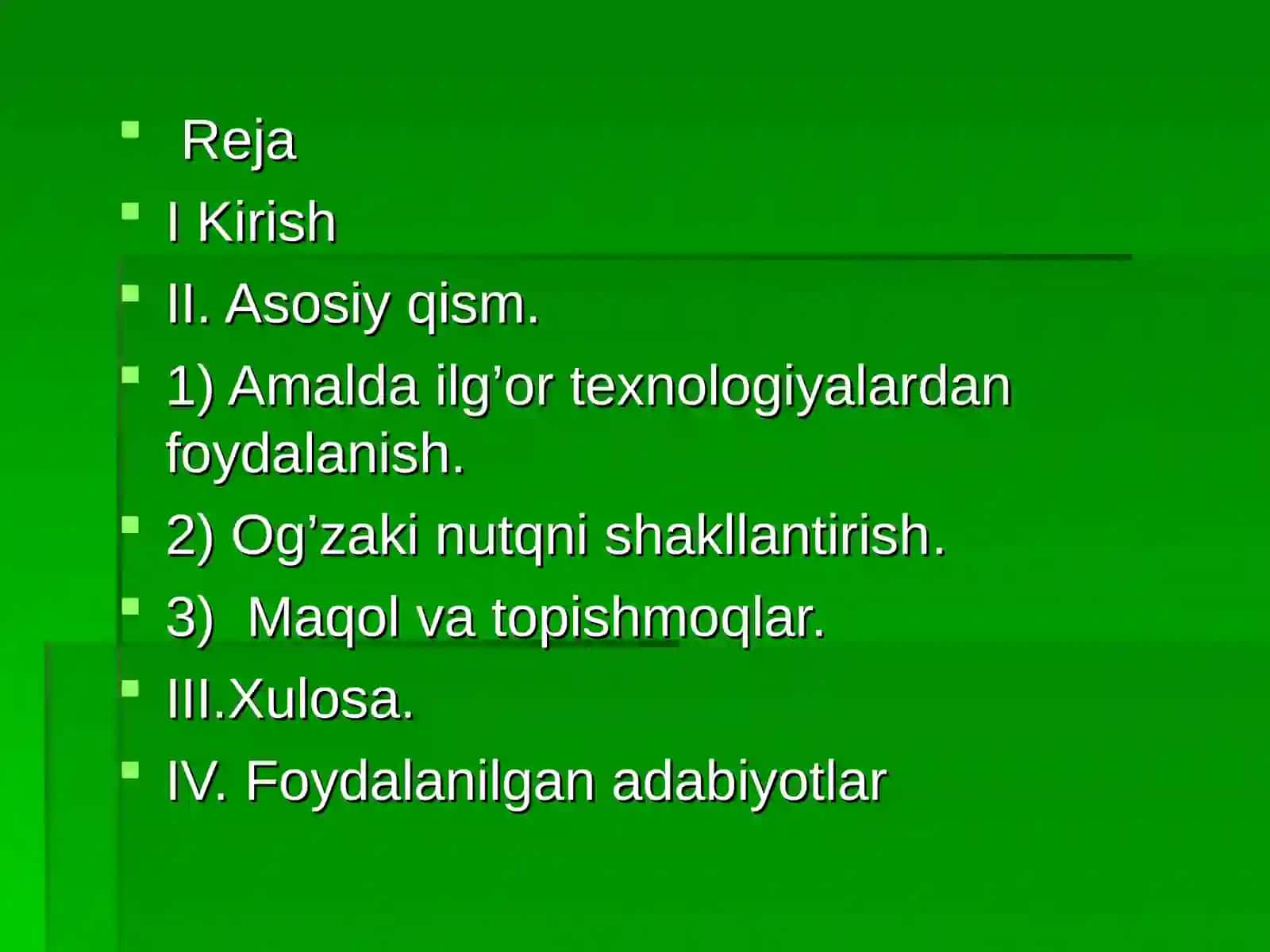 "Maqol, topishmoq va tez aytishlarning nutq o'stirishdagi o'rni" mavzusida yozgan MALAKA ISHI 2