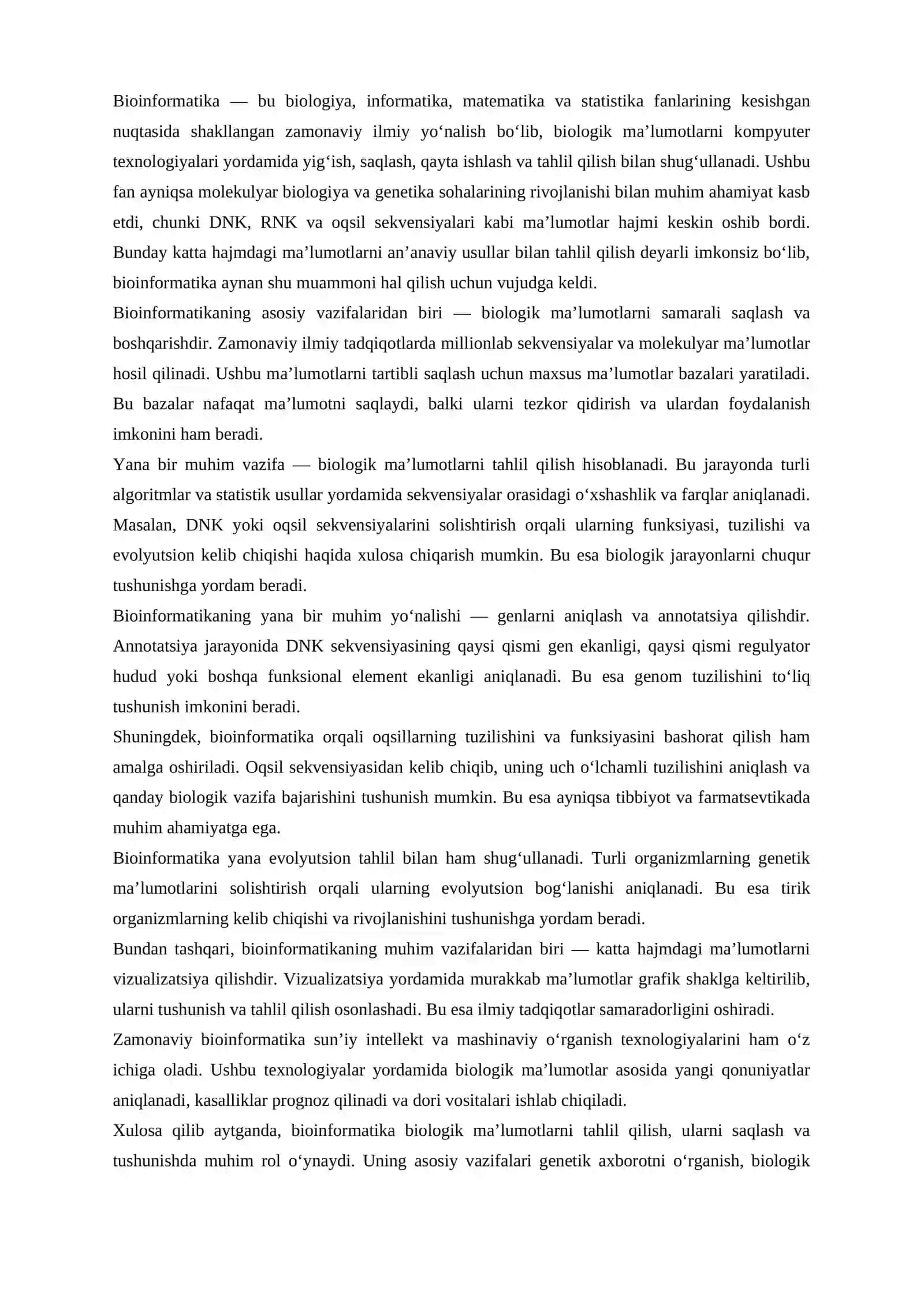 Bioinformatikaning asosiy vazifalari va qo‘llanilish sohalari 2