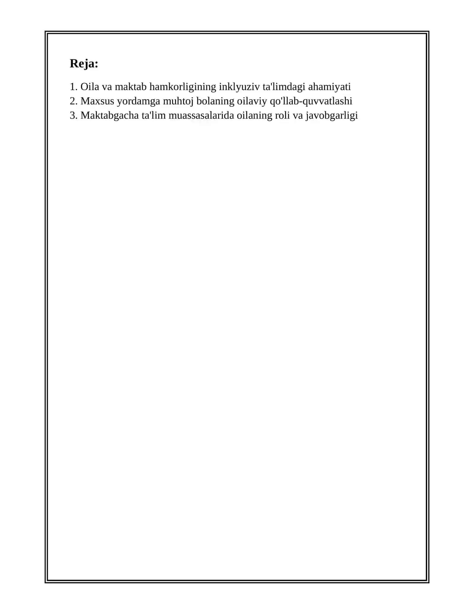ALOHIDA YORDAMGA MUHTOJ BOLANI UMUMTA'LIM MAKTABI YOK MAKTABGACHA TASHKILOTDA INKLYUZIV TALLIM SHAROITIDA O'QISHGA MOSLASHISHIDA OILA VA MAKTABNING O'RNI 2
