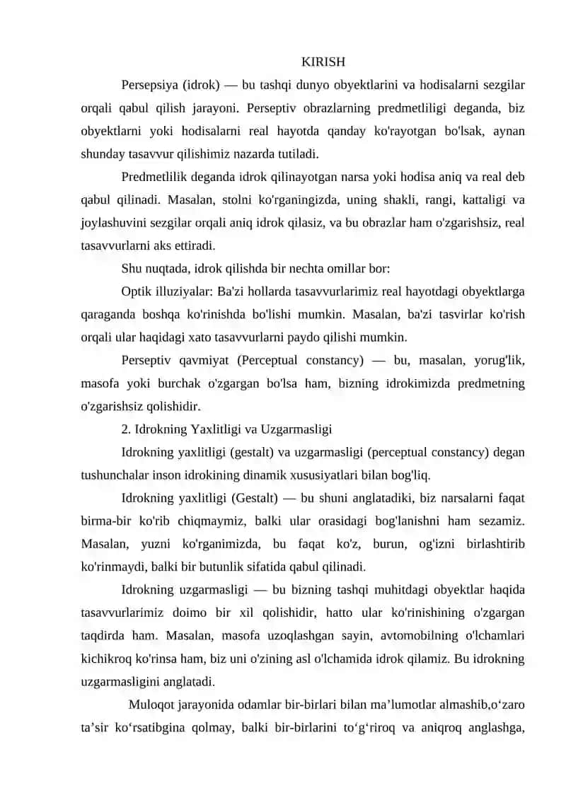 Perseptiv obrazlarni predmetliligi. idrokning yaxlitligi va uzgarmasligi 2