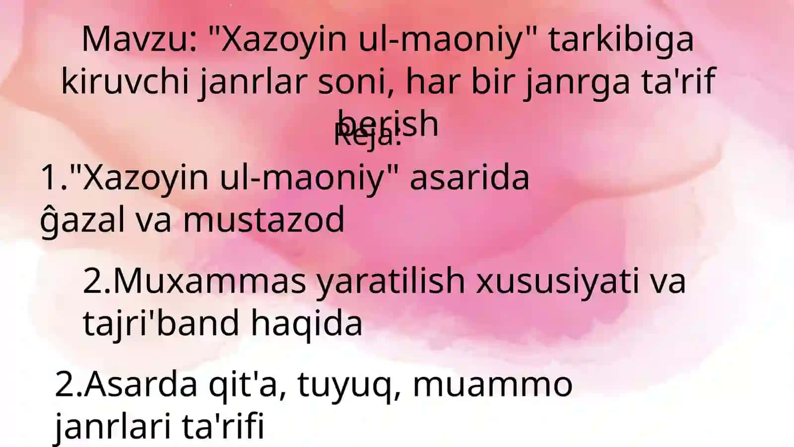 "Xazoyinul-maoniy" tarkibigakiruvchi janrlar soni, har bir janrga ta'rif berish 2