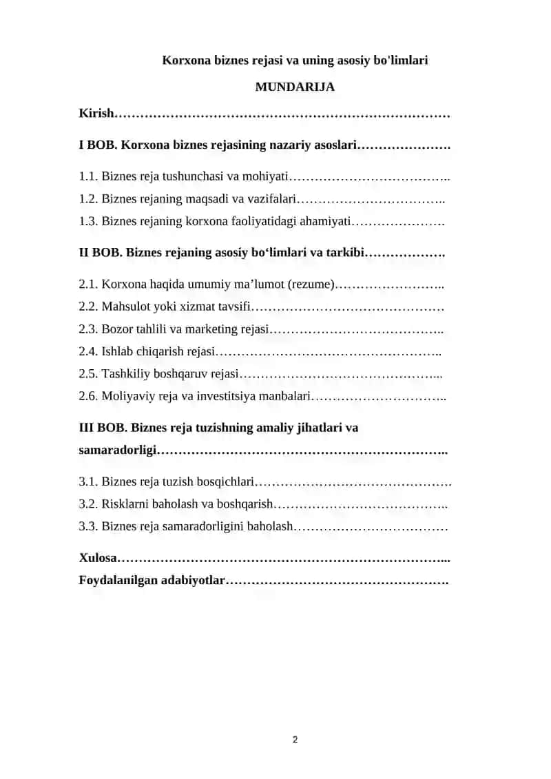 Korxona biznes rejasi va uning asosiy bo'limlari 2