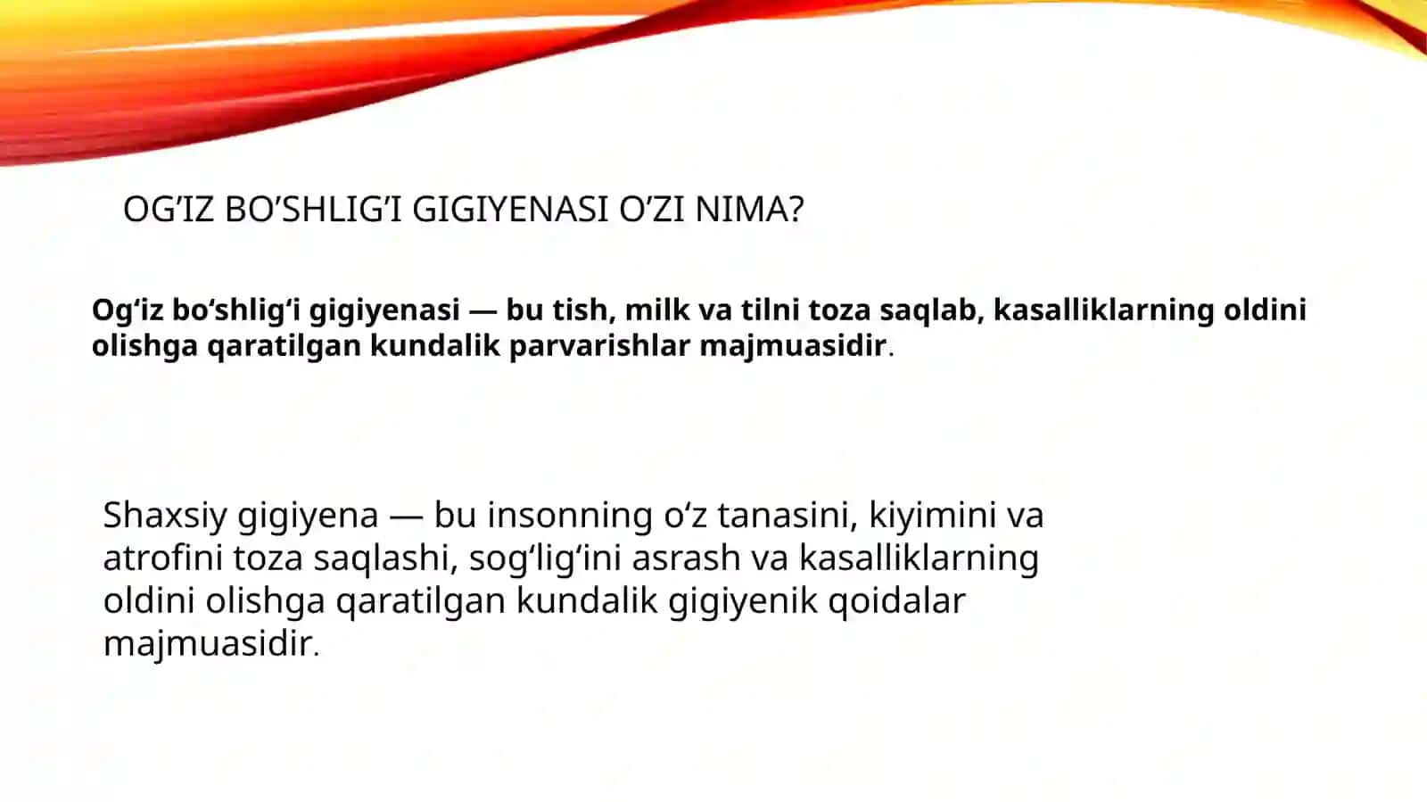 Og'iz bo'shlig'i shaxsiy gigiyenasi asosiy vositalari(tish cho'tkalari,poroshoklar,davolovchi). 2