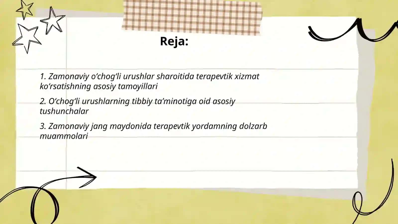 Zamonaviy oʻchogʻli urushlar tbbiy taʼminotini tashkillashtirilishini oʻziga xos xususiyatlarini inobatga olgan holda terapevtik yordamni tashkil qilish 2