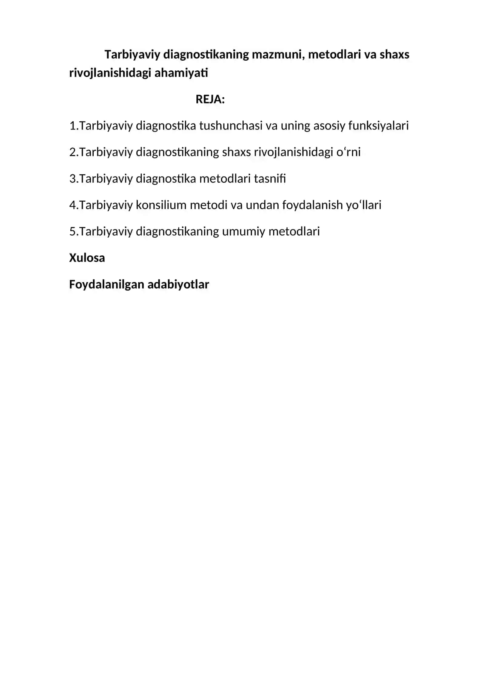 REFERAT: Tarbiyaviy diagnostika mazmuni, metodlari va shaxs rivojlanishidagi ahamiyati 2