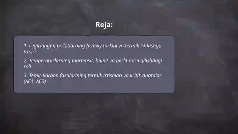 Legirlangan poʻlatlarni choʻyanni termik ishlashi hamda poʻlatni termomexanik ishlashi va termik ishlov berish uskunalari 2
