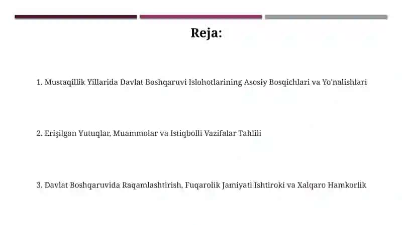 Mustaqillik yillarida davlat boshqaruvi tizimida amalga oshirilayotgan islohotlar 2
