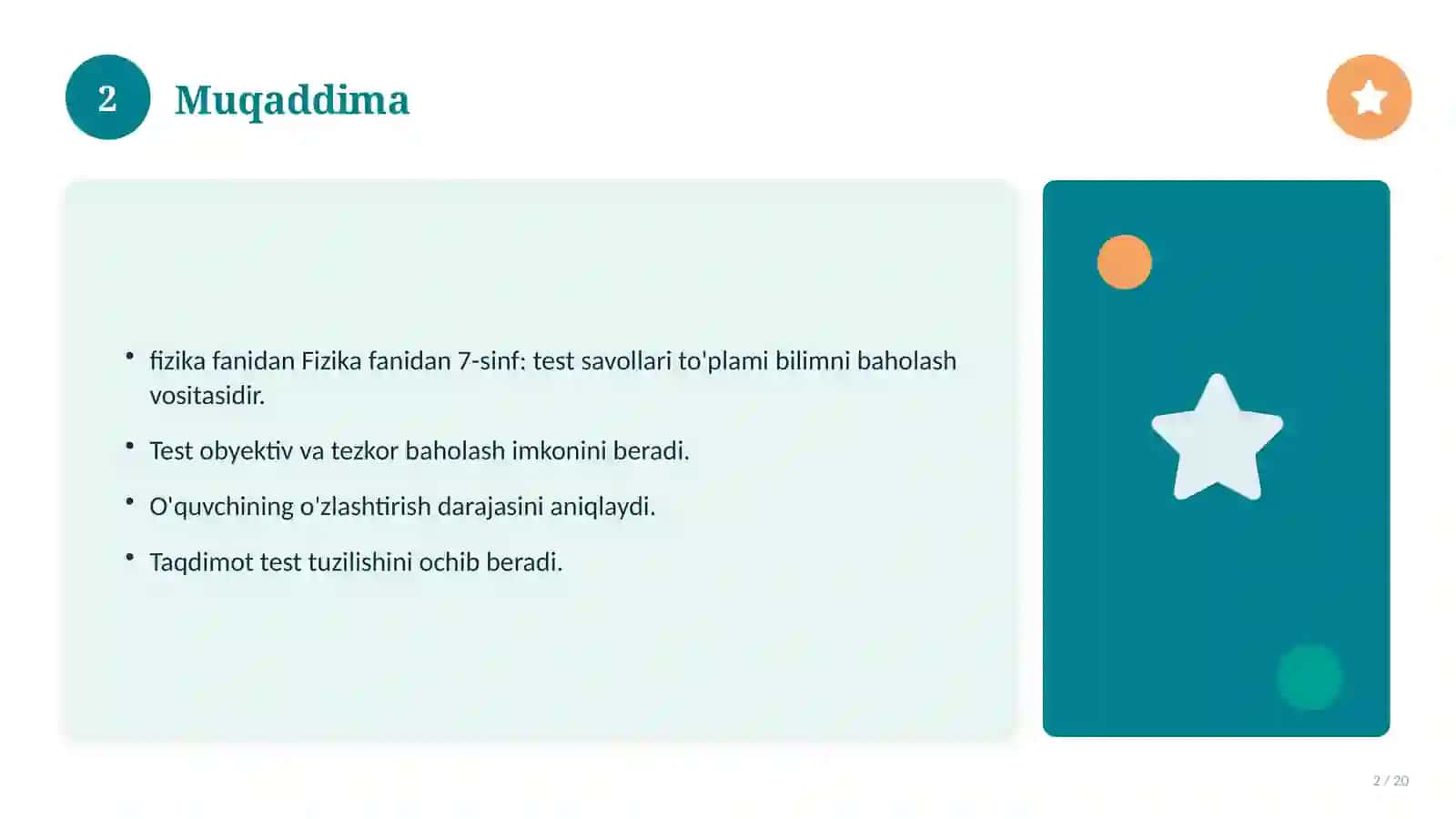 Fizika fanidan 7-sinf: test savollari to'plami 2