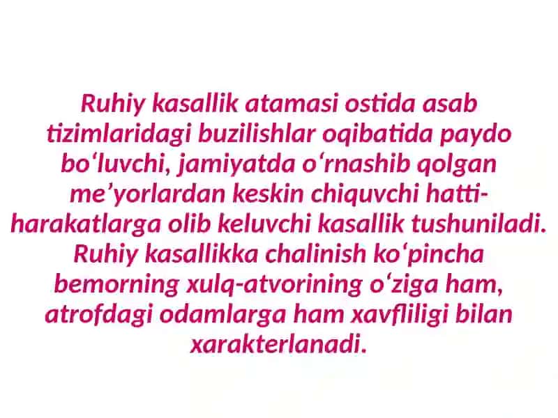Bemorlarning ruhiy holati  depressiya, shok, qoʼrquv, choʼchish ipoxondriya, oʼzini aybdor his qilish  suitsidal fikrlash 2
