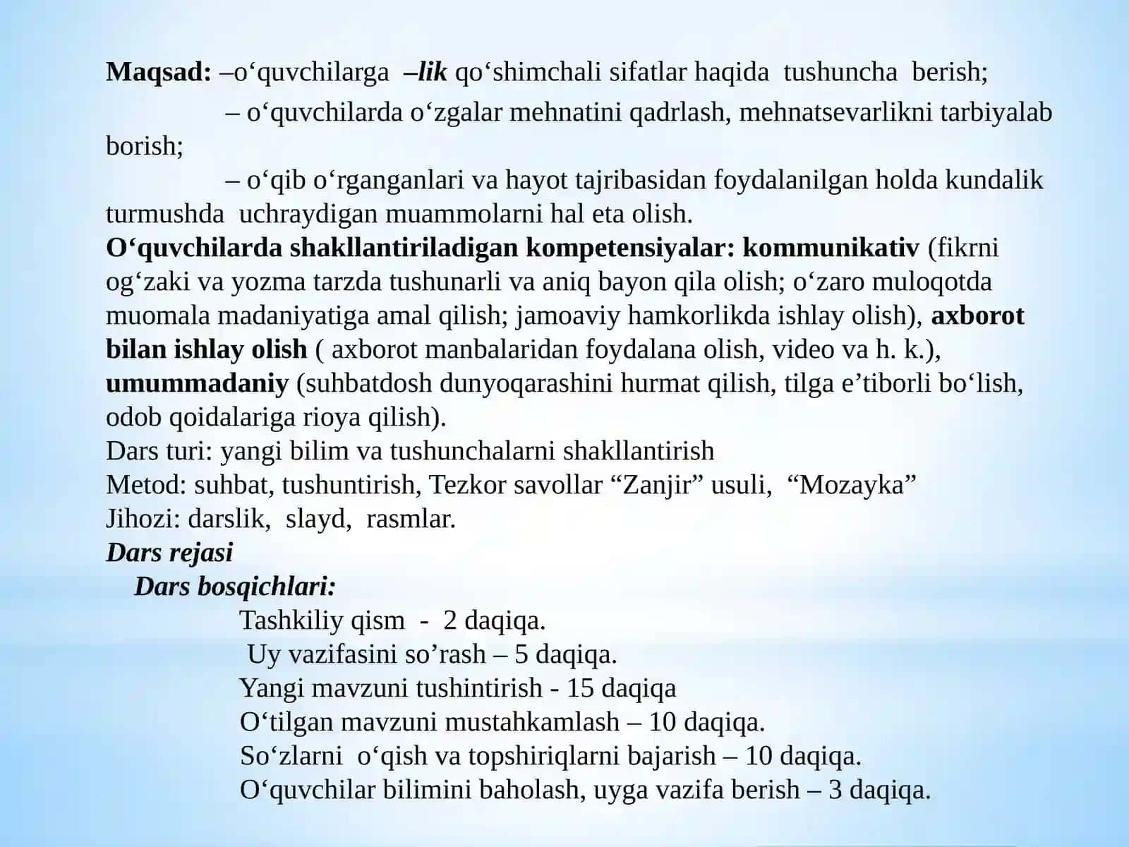 4-sinf Ona tili fanidan ochiq dars ishlanma. Orasta bo'ling. -lik qo'shimchasi 2
