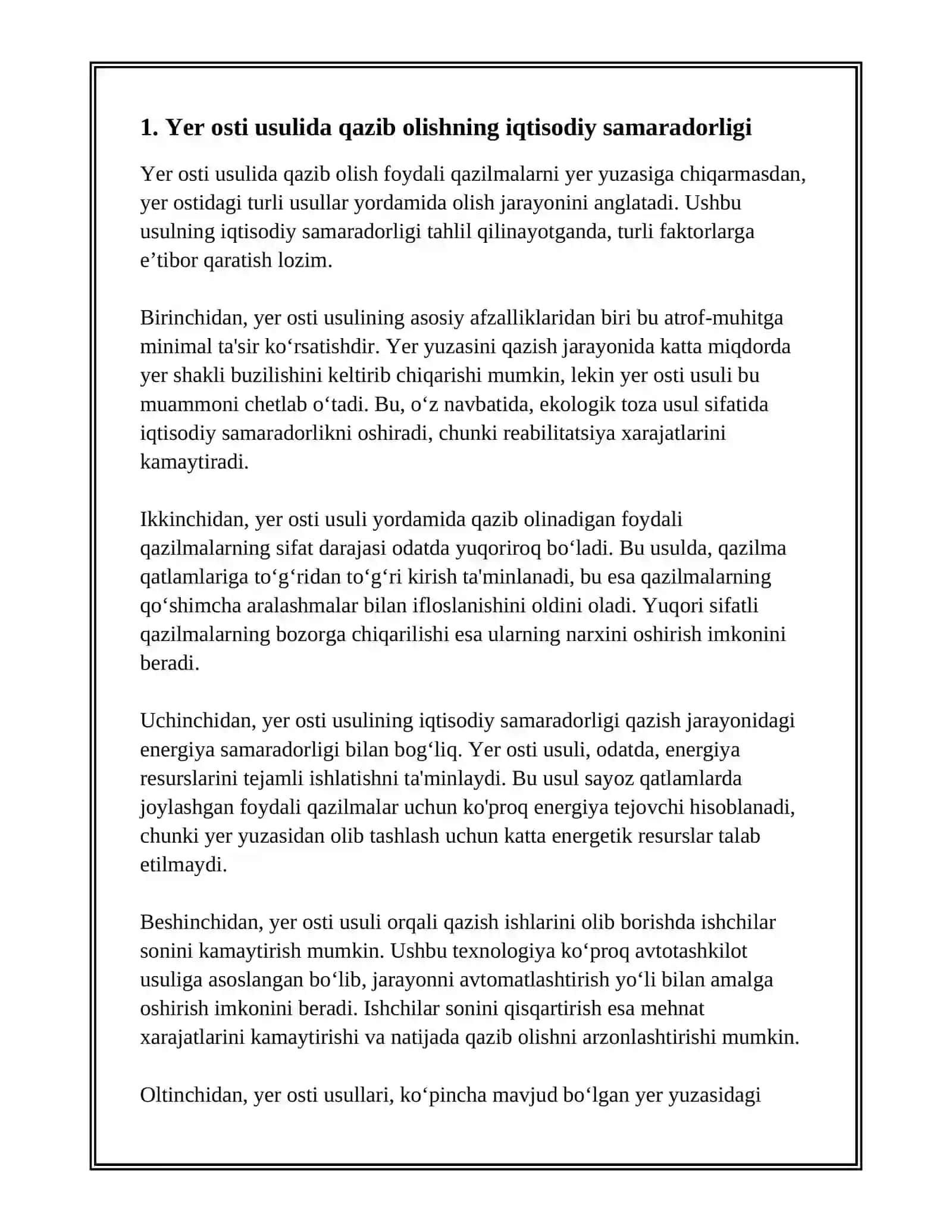 FOYDALI QAZILMA KONLARINI YER OSTI USULIDA QAZIB OLISHNING AFZALLIKLARI VA KAMCHILIKLARI 2