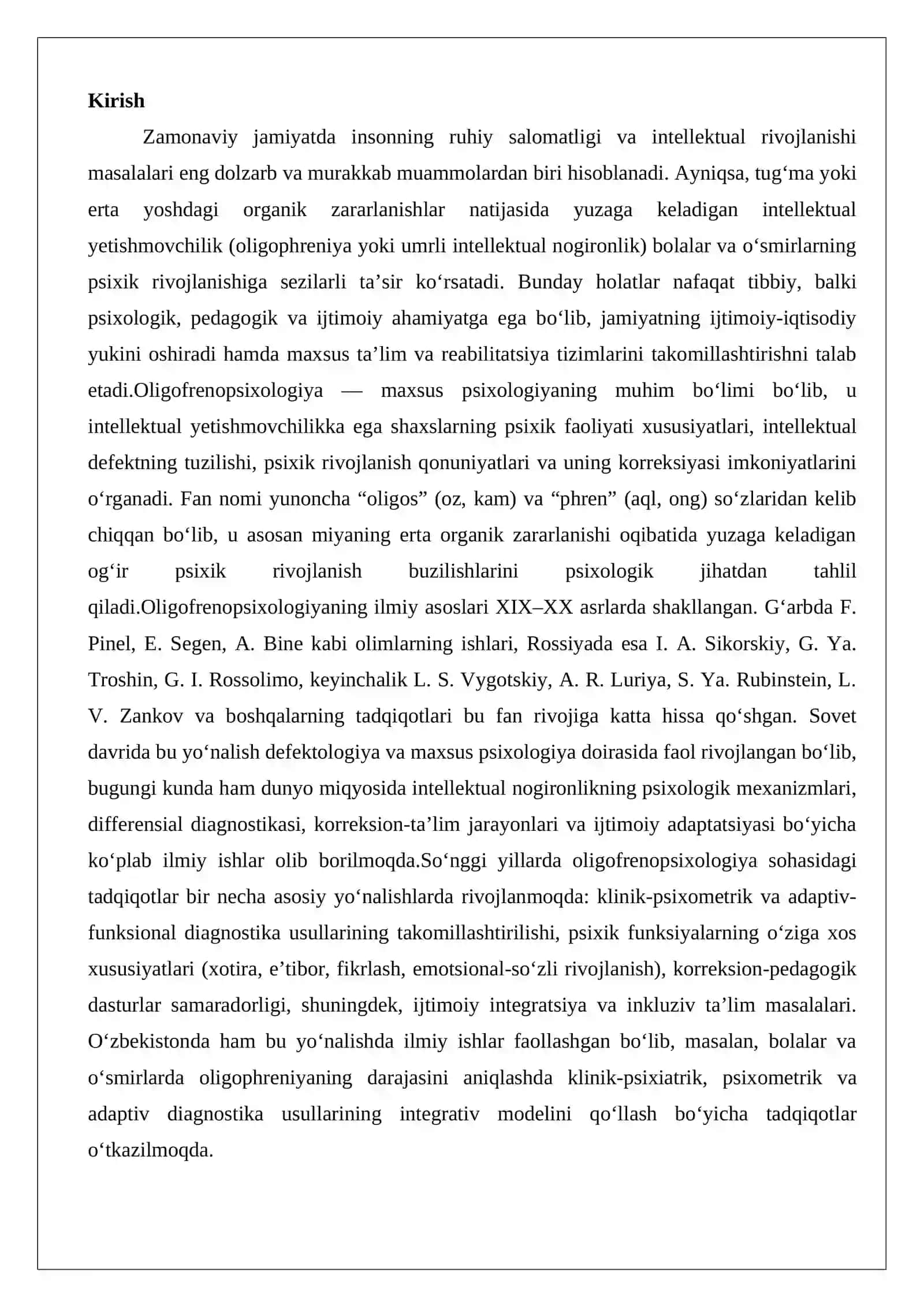 Oligofrenopsixologiya fanida olib borilayotgan ilmiy-tadqiqot ishlar obzori 2