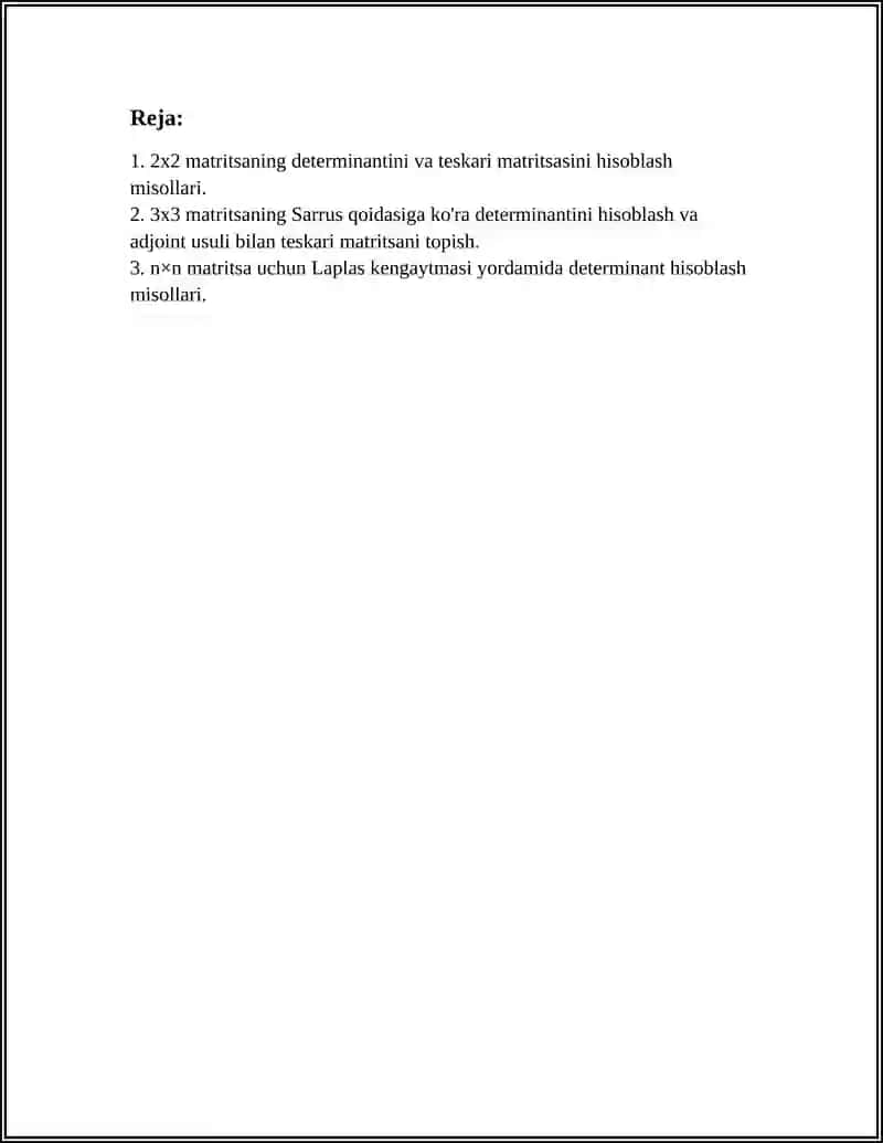 DETERMINANTLARNI VA TESKARI MATRITSANI HISOBLASHGA DOIR MISOLLAR YECHISH 2