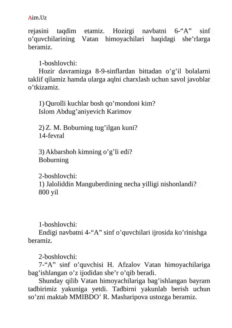 “Senga posbonmiz Vatan” bayram tadbiri senariysi 2