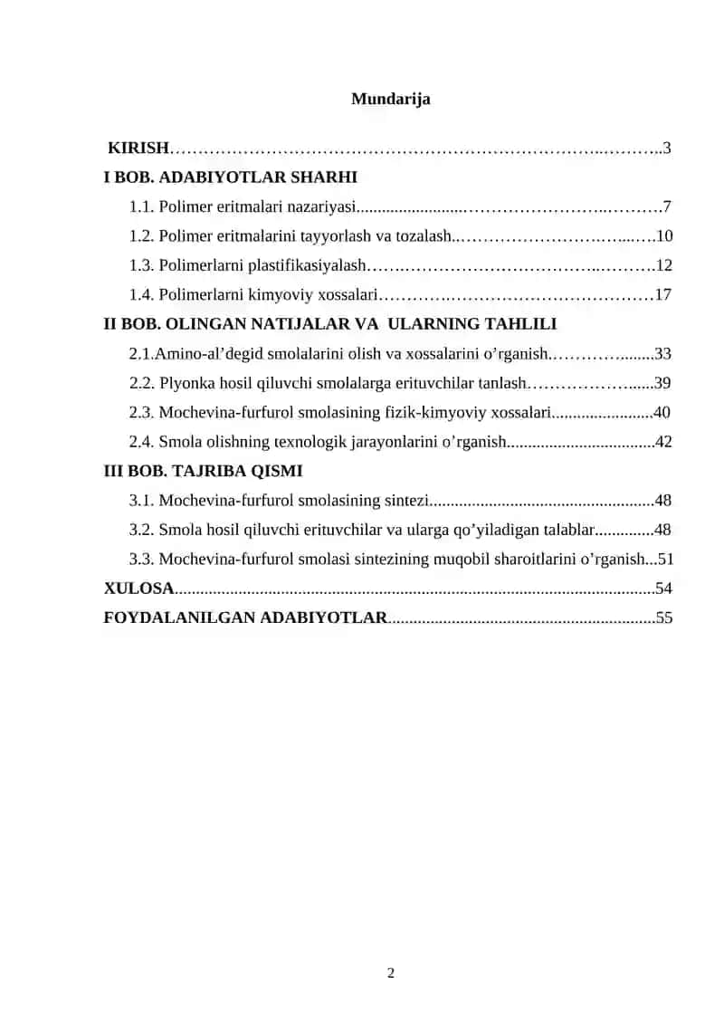 Mochevina-furfurol smolasining olinishi va fizik-kimyoviy xossalari 2