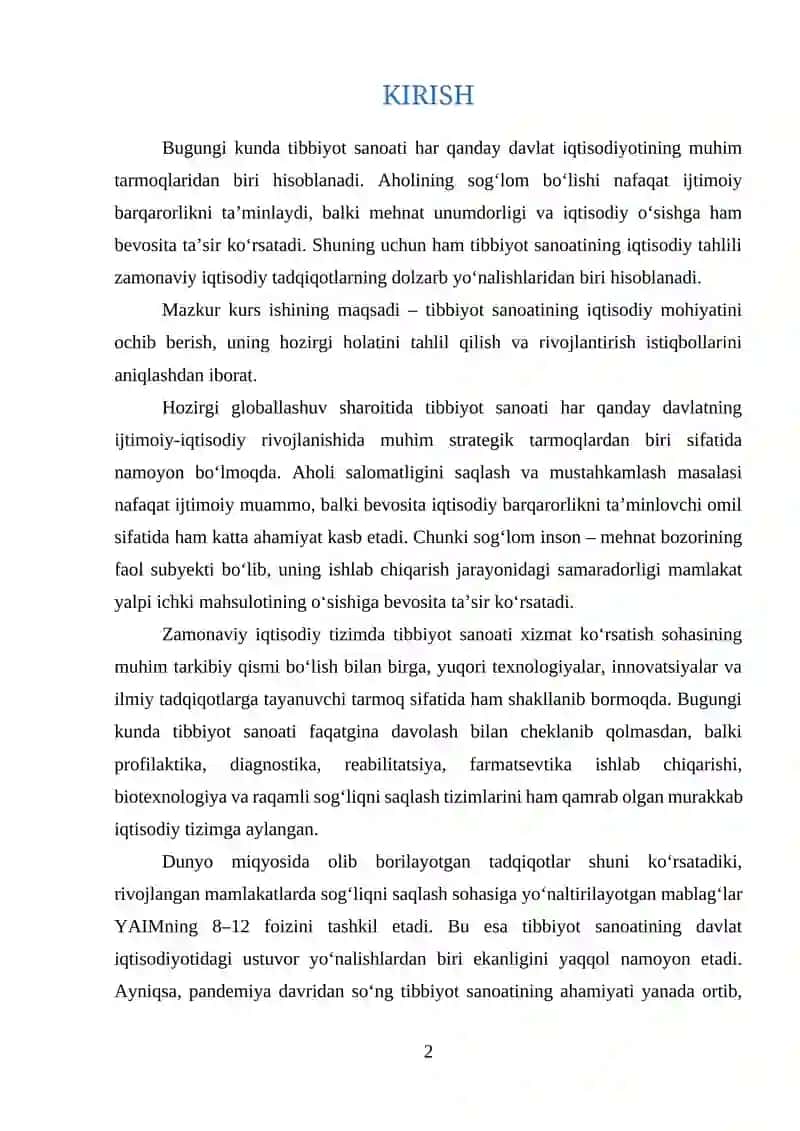 TIBBIYOT SANOATINING IQTISODIY TAHLILI 2