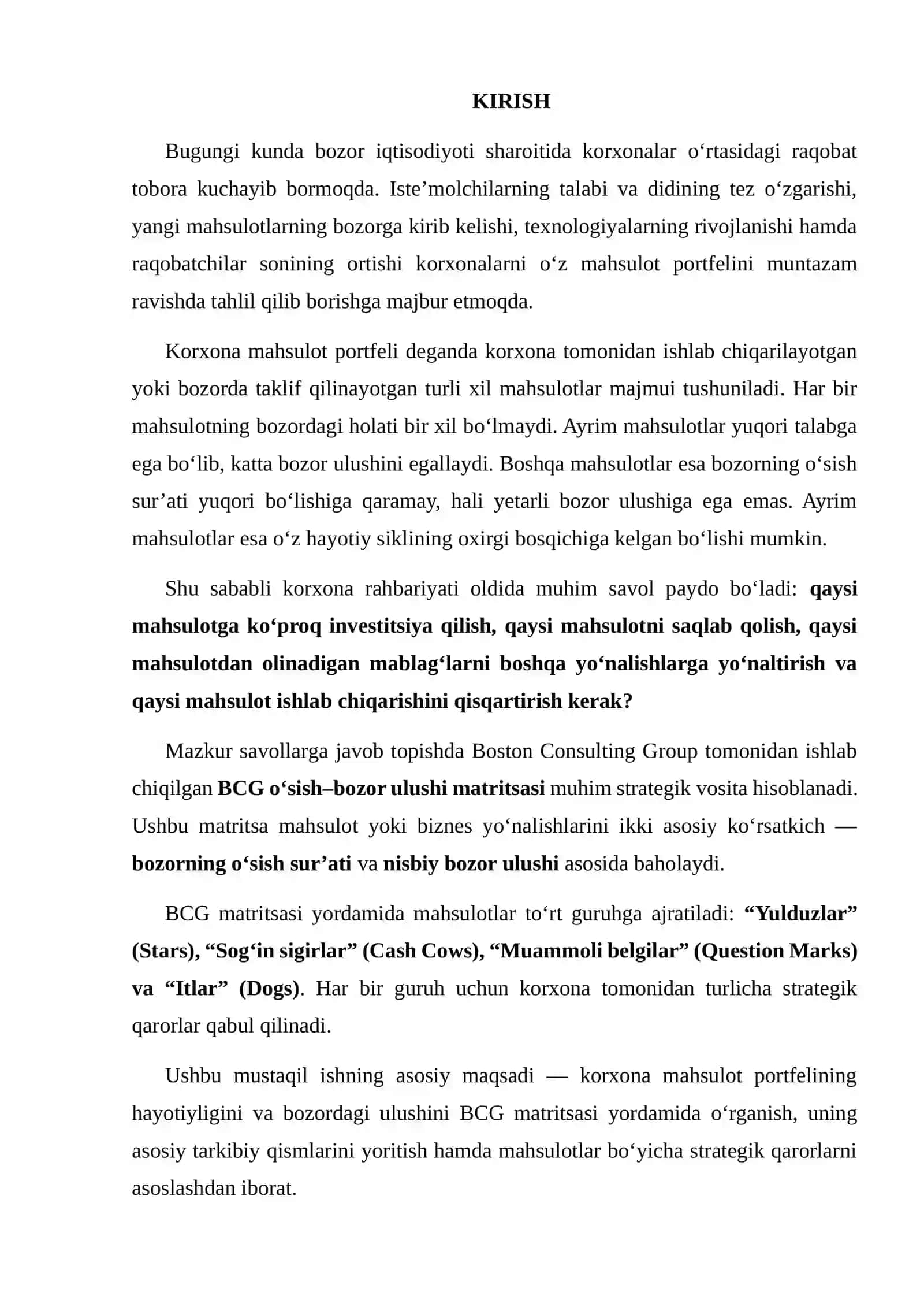 Korxona mahsulot portfelining hayotligi va bozor ulushini BCG matritsasi asosida tahlil qilish 2