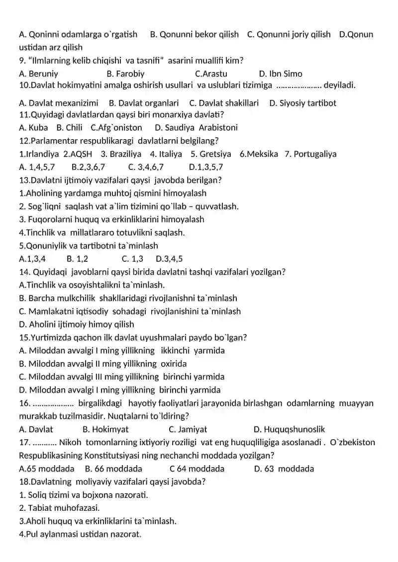 8-Sinf Huquqshunoslik fanidan test savollari 2