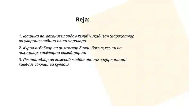 Кишлок хужалигида жарохатланиш ва касалланиш сабаблари ва уларни олдини олиш буйича чора тадбирлар 2