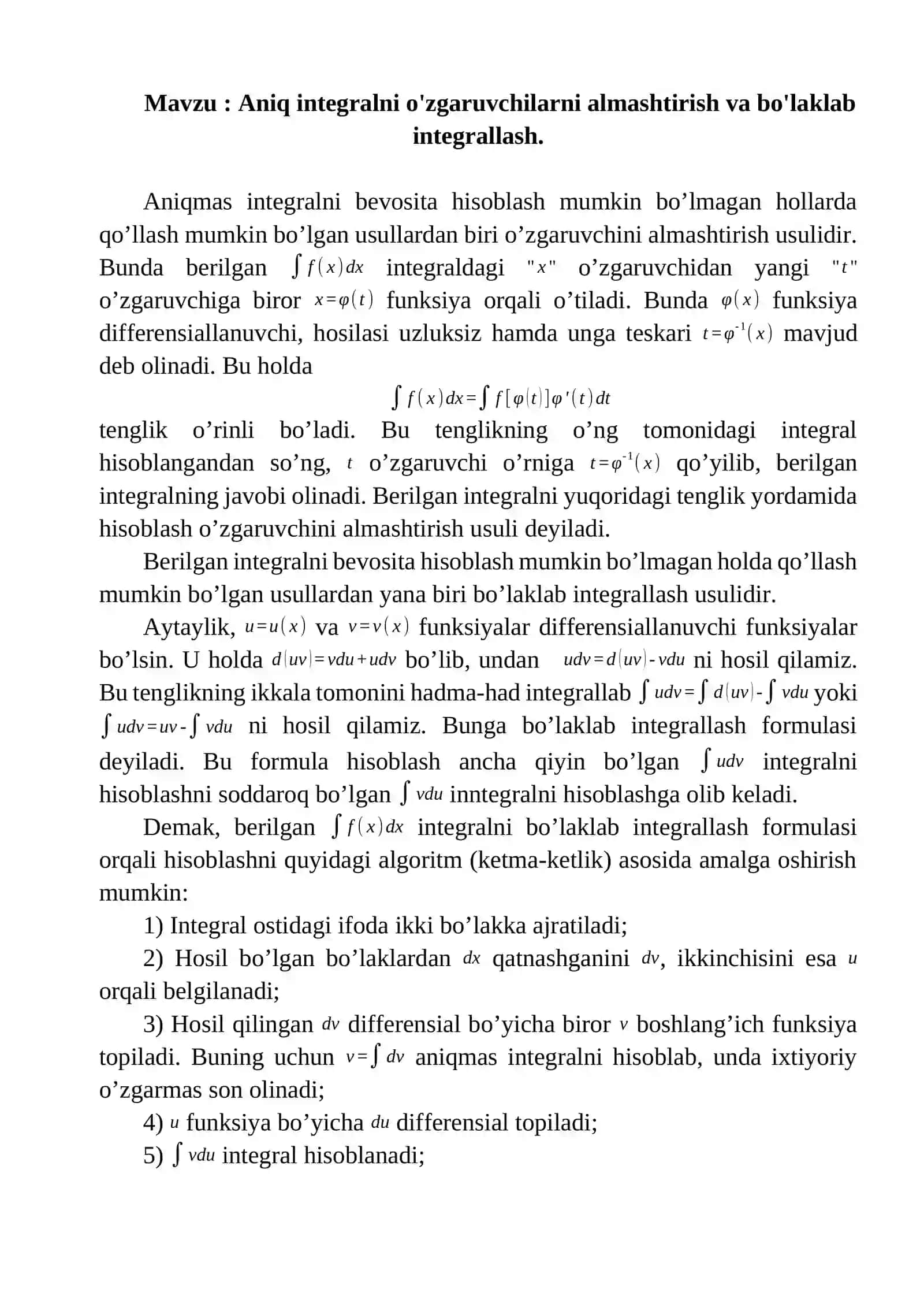 Aniq integralni o'zgaruvchilarni almashtirish va bo'laklab integrallash 2