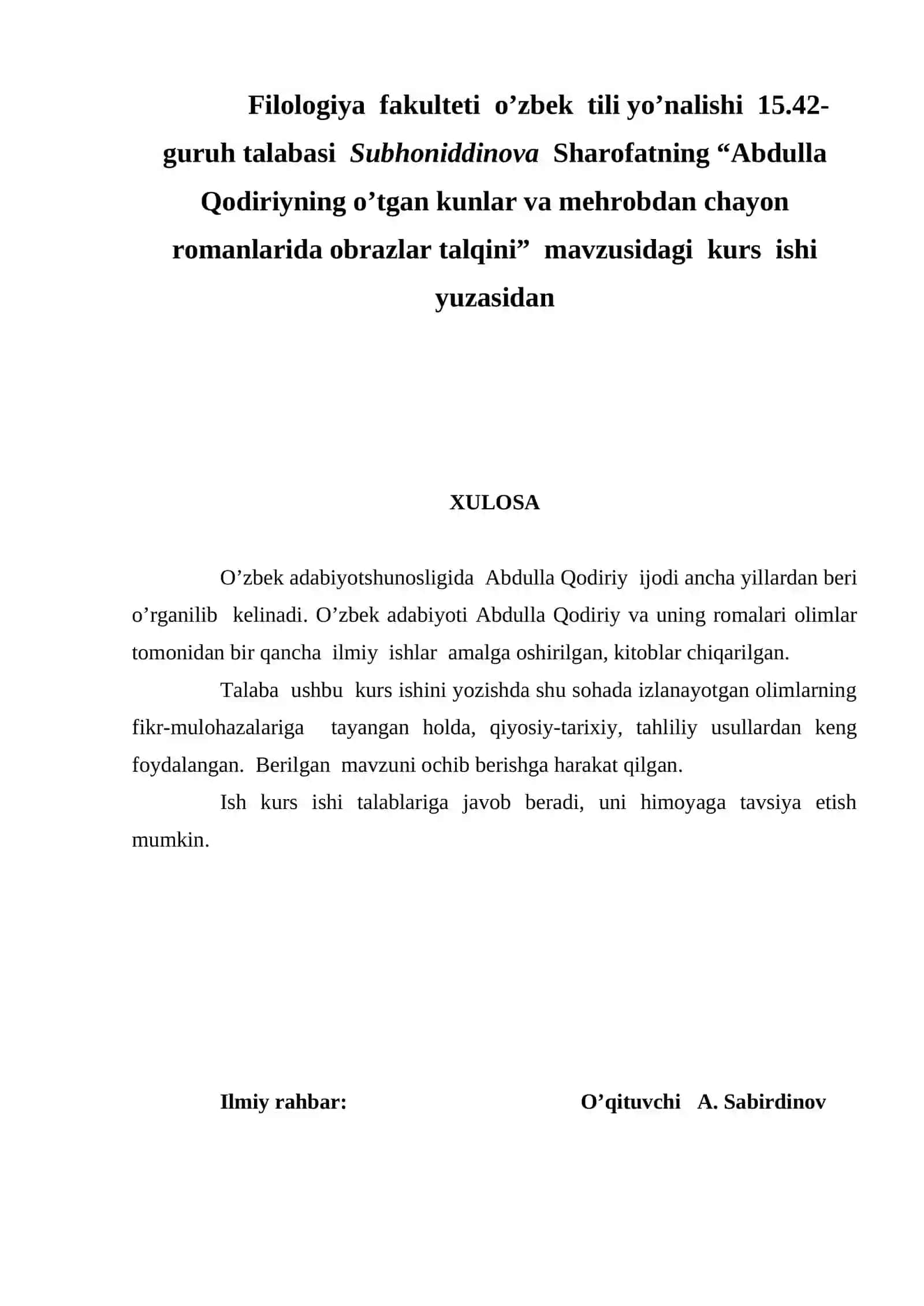 "Abdulla Qodiriyning “O’tgan kunlar” va “Mehrobdan chayon” romanlarida obrazlar talqini" 2