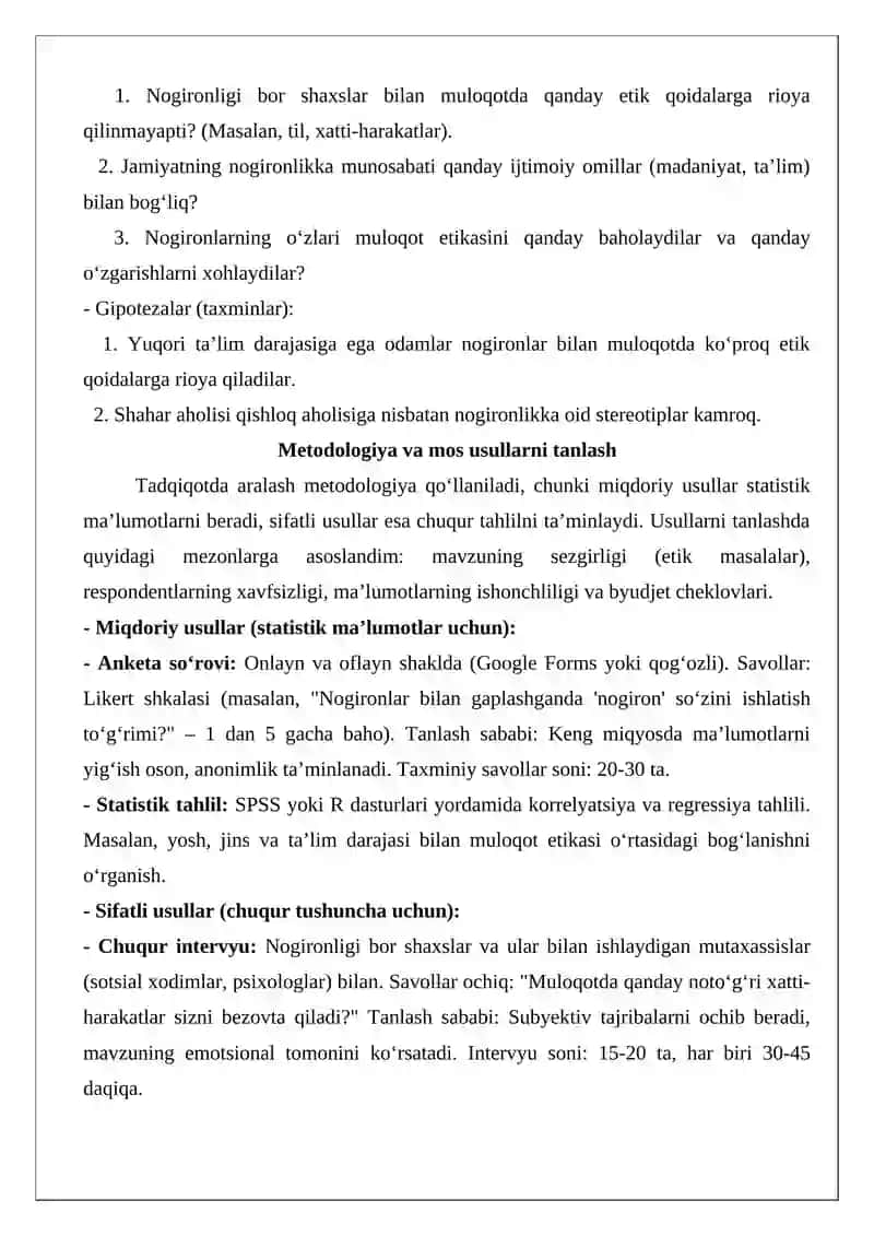 Nogironlik muammosini o‘rganish bo‘yicha sotsiologik tadqiqot dasturi loyihasi 2