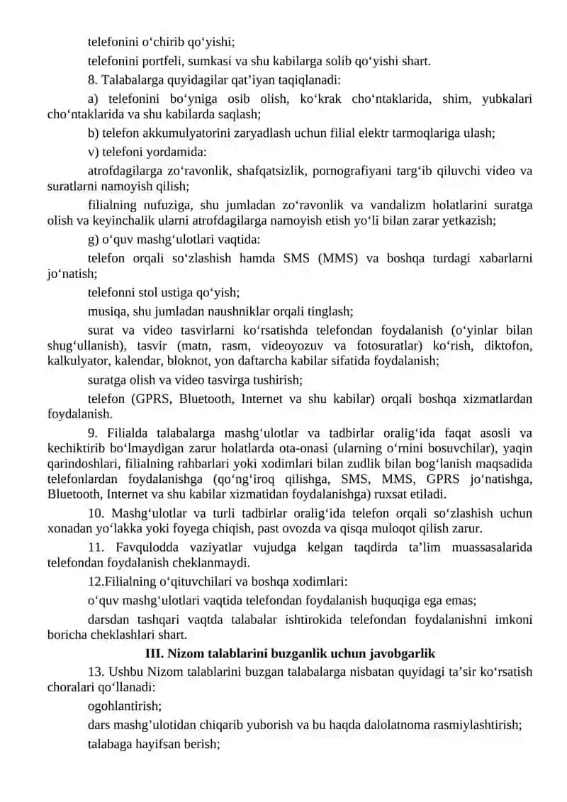 Mobil telefonlardan foydalanish tartibi Nizomi 2
