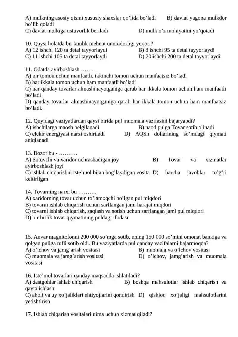 8-sinflar uchun Iqtisodiy bilim asoslari fanidan 1-yarim yillik test savollari 2