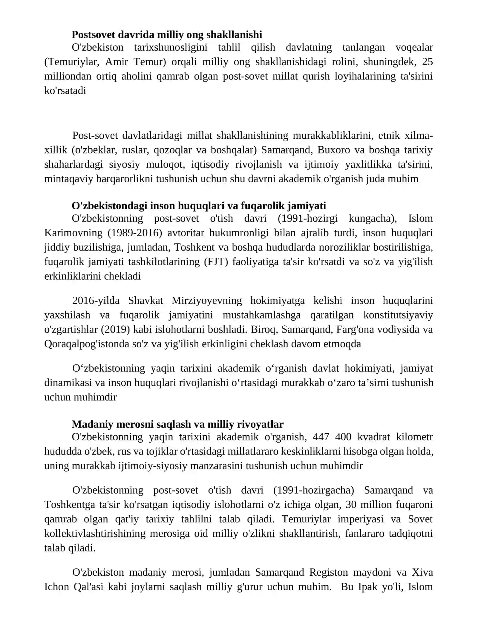Oʻzbekiston eng yangi tarixi fanning fan sifatidagi ahamiyati 2