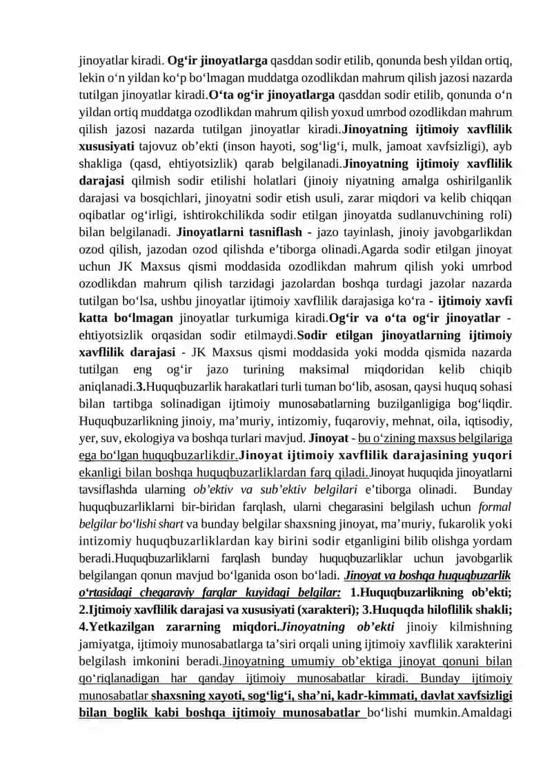 Jinoyat tushunchasi. Jinoiy javobgarlik va uning asoslari. 2