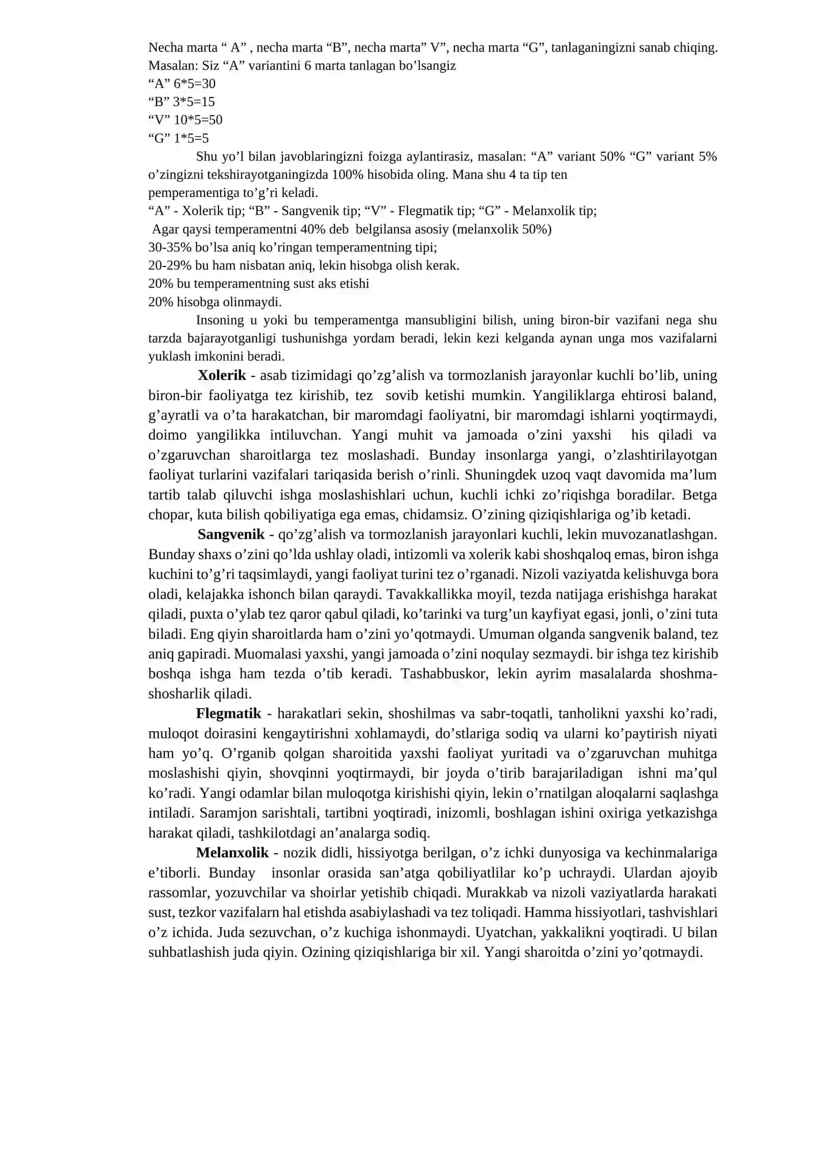 TEMPERAMENTNI ANIQLASH TESTI 2