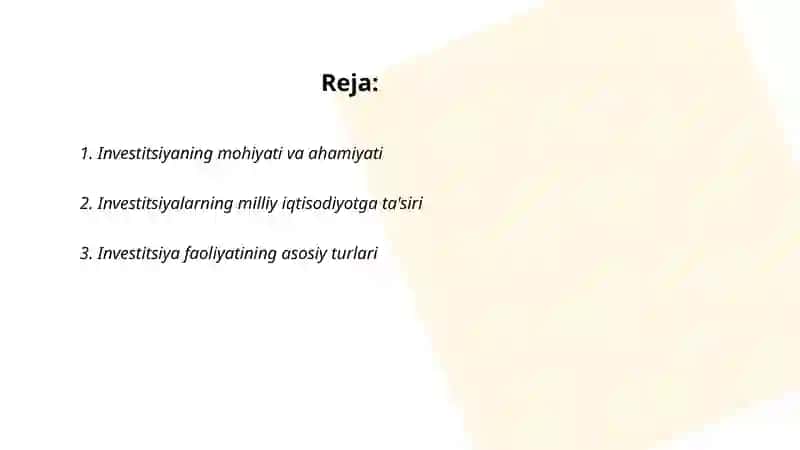 Investitsiyaning mohiyati va turlari milliy iqtisodiyotning muvozanatli va mutanosibligi rivojlanishi 2