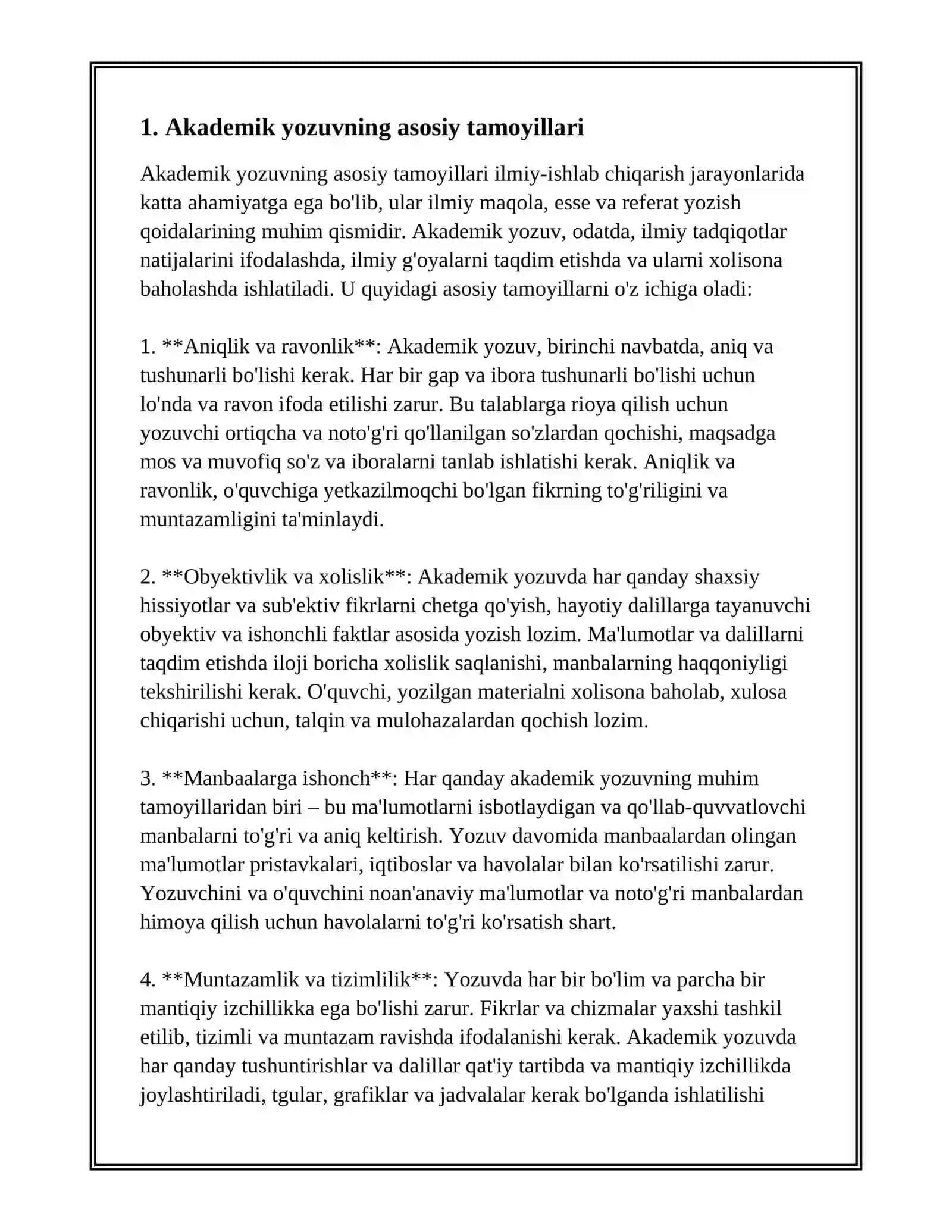 AKADEMIK YOZUV ASOSLARI VA ILMIY USLUB TALABLARI (ILMIY MAQOLA, ESSE VA REFERAT YOZISH QOIDALARI) 2