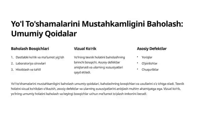 Nobikir Yo'l To'shamalarini Mustahkamligini Baholash va Kuchaytirish Ko'rsatmalari 2