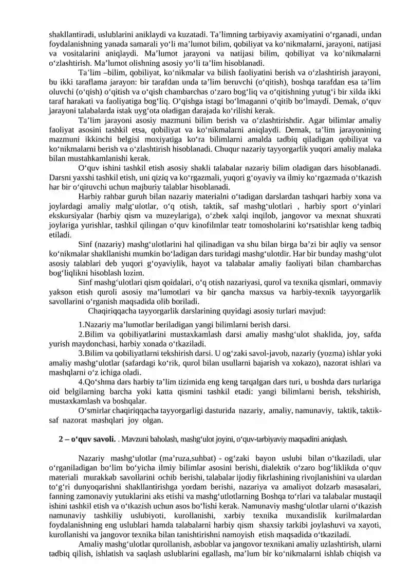 ASKAR VA BО‘LINMALARNING JANGDAGI HARAKATLARI MAVZUSIDAGI MASHG‘ULOTLARGA HOZIRLIK KО‘RISH VA UNI OLIB BORISH USLUBIYOTI 2