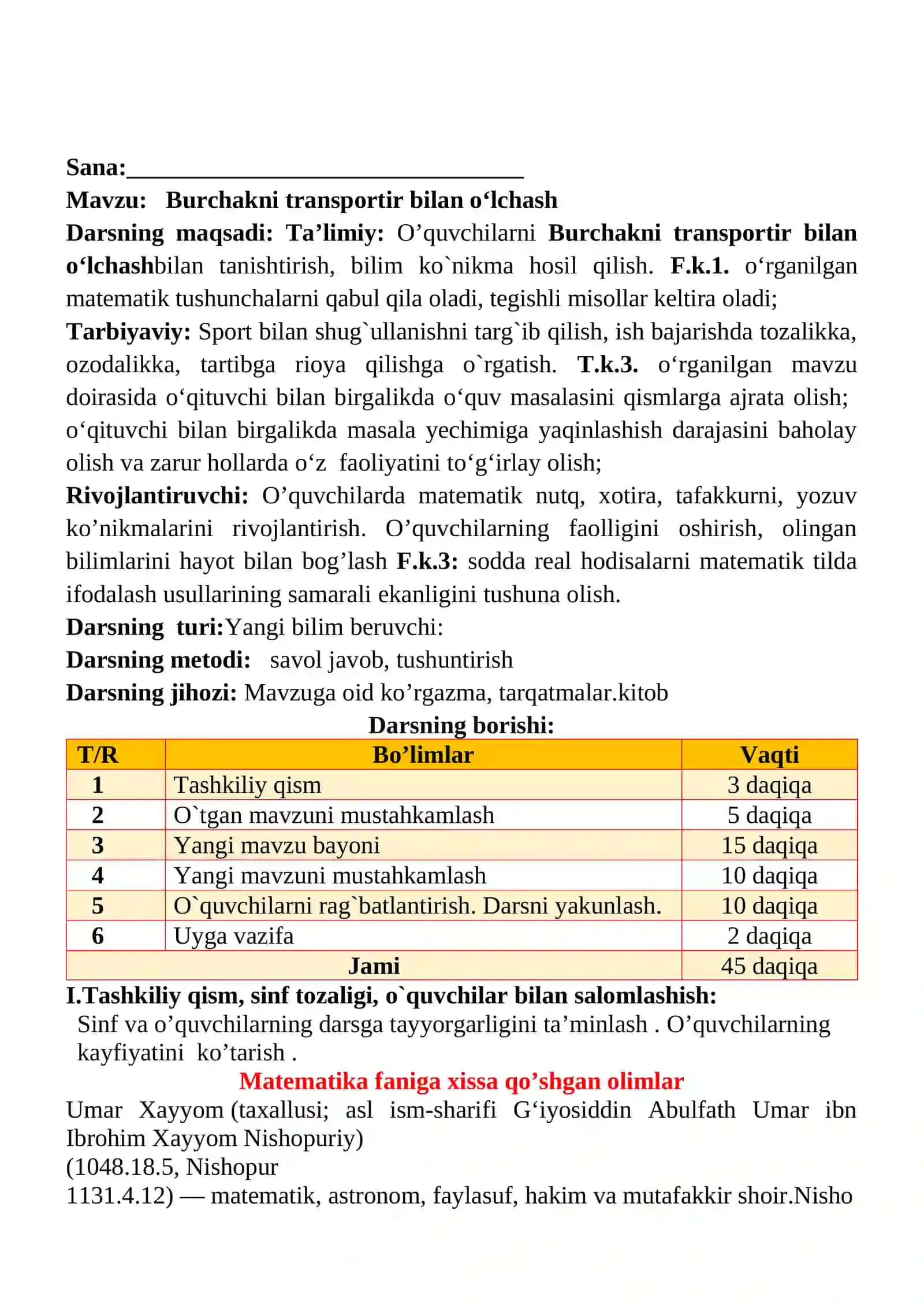 Burchakni transportir bilan oʻlchash mavzusidagi  4-sinf matematika fandan dars ishlanmasi 2