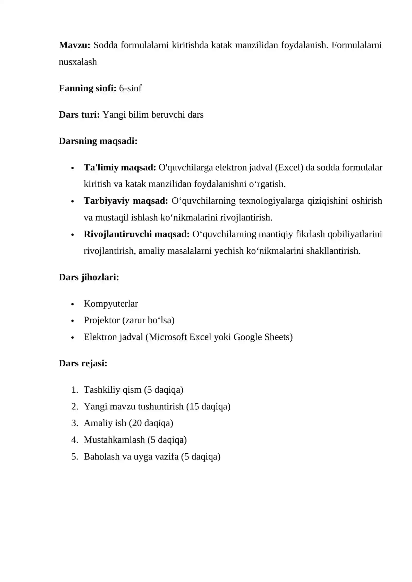 6-sinf Informatika Sodda formulalarni kiritishda katak manzilidan foydalanish. Formulalarni nusxalash 2
