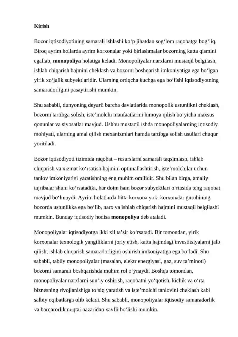 Monopoliyalar, Ularning Amal Qilish va Tartibga Solish Xususiyatlari 2