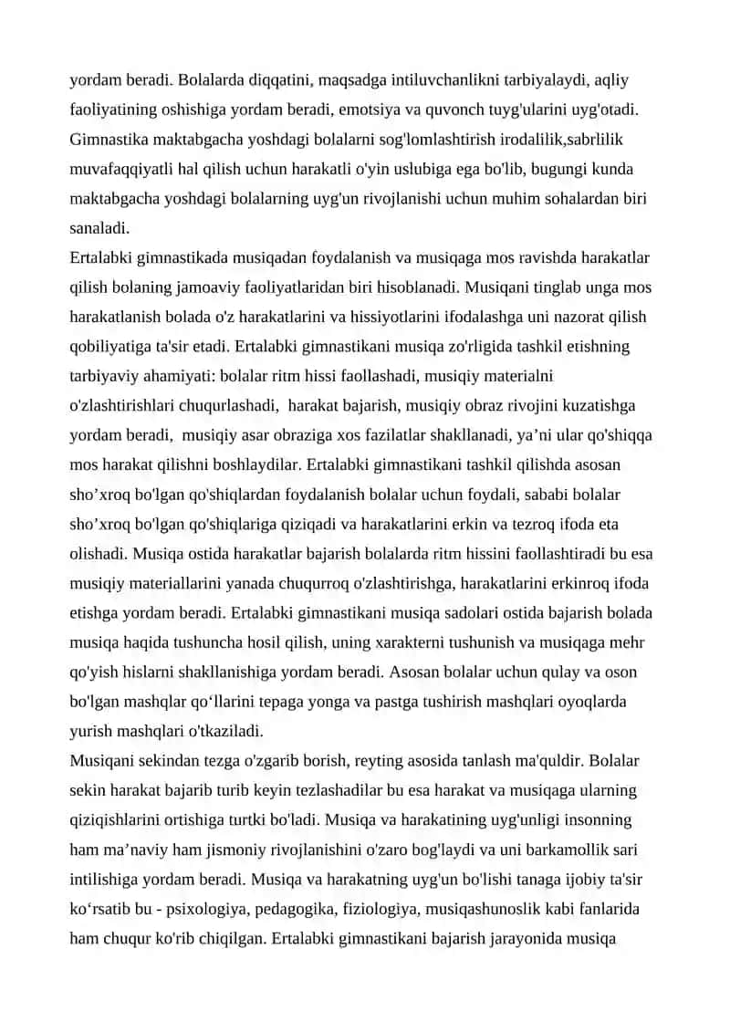 MTTda ertalabki gimnastikani musiqa jo’rligida tashkil etish, musiqiy savodxonlikni shakllantirish. 2