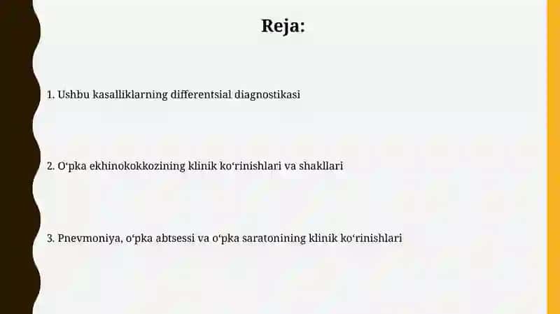 Pnevmoniya,o‘pka abssessi, o‘pka raki, o‘pka exonokokki klinik ko‘rinishi va shakllari 2