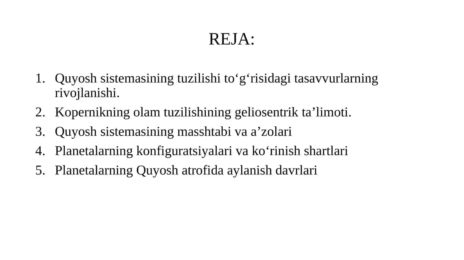 11-sinf Astronomiya dars ishlanma. Quyosh sistemasining tuzilishi 2