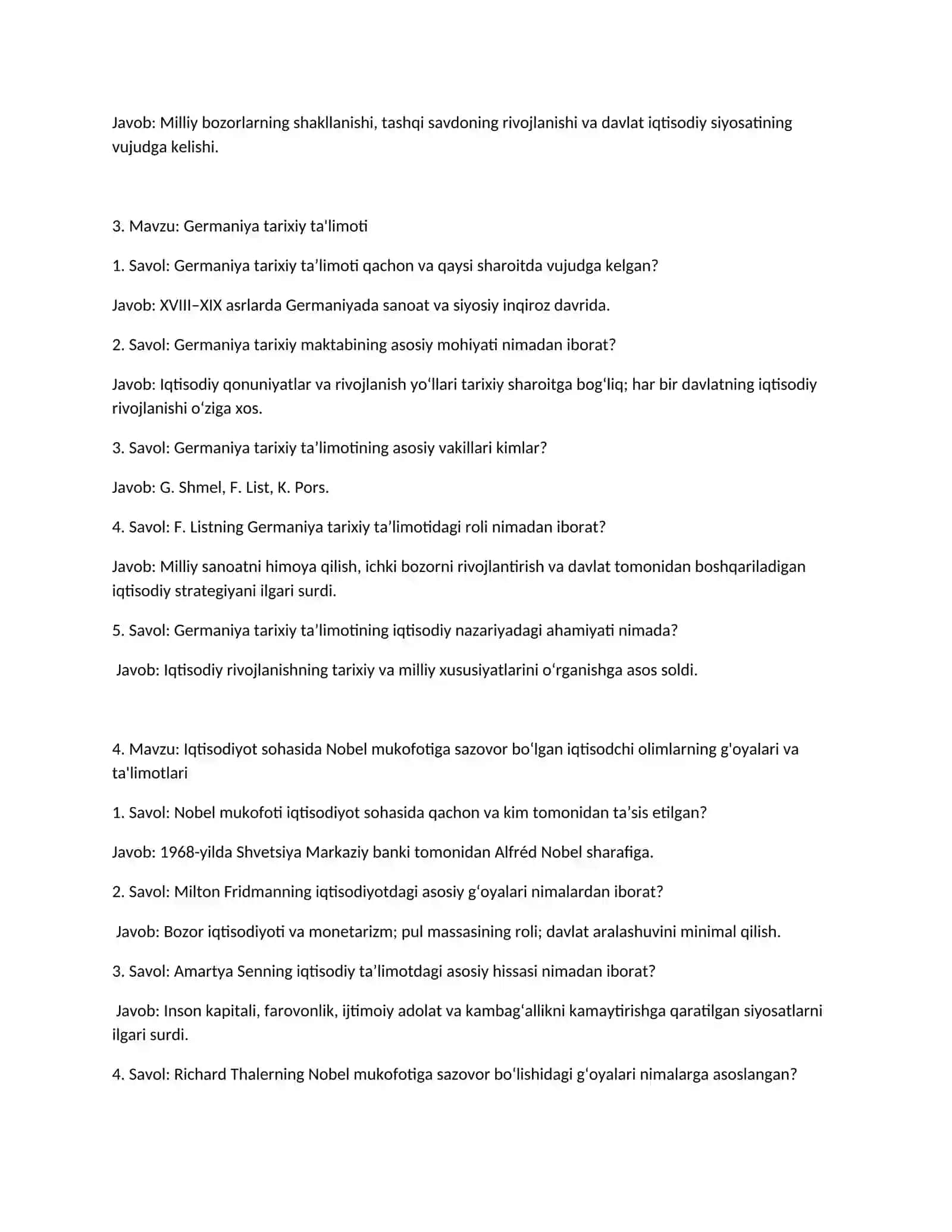 Iqtisodiy ta'limotlar tarixi – Savol va Javoblar 2