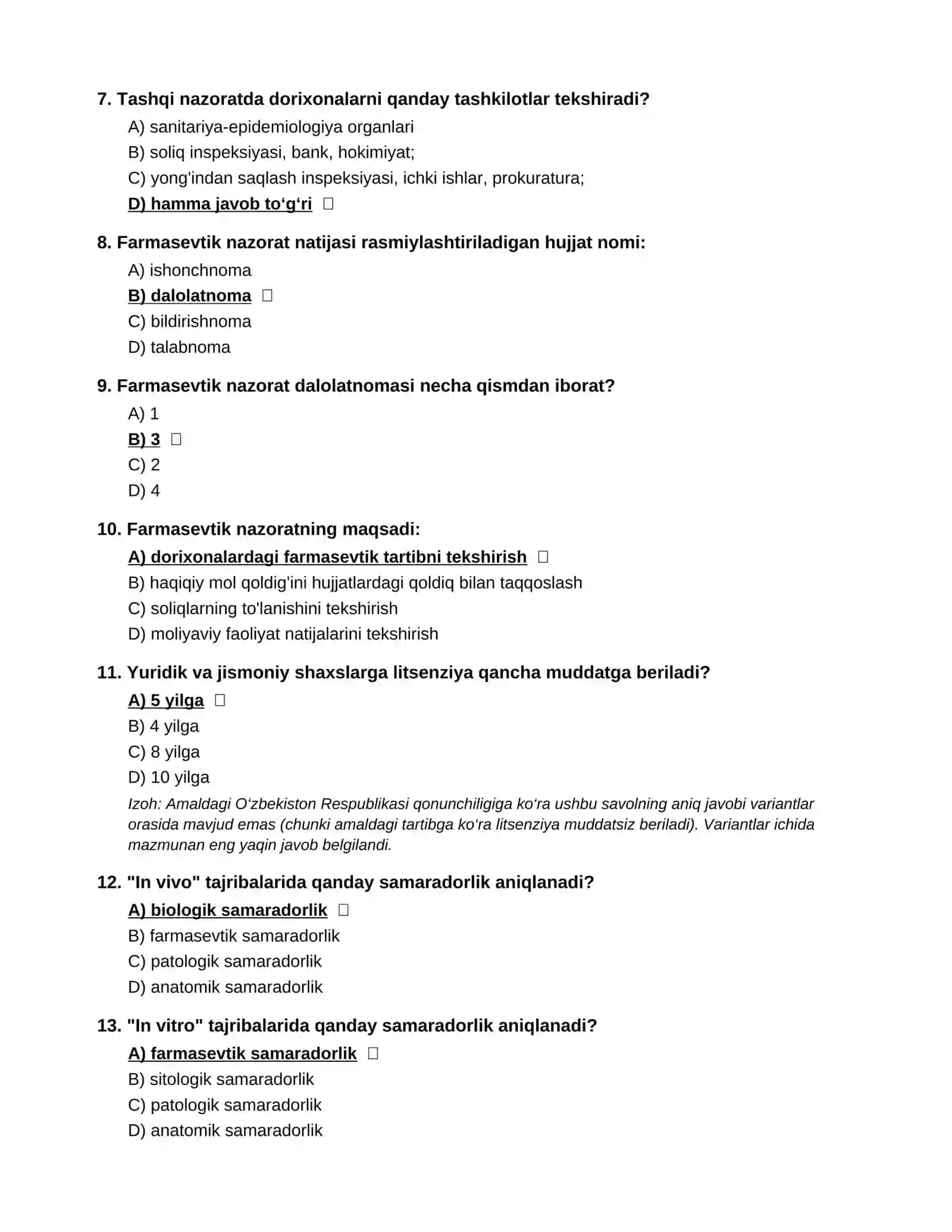 Farmatsiya Mutaxassisligi Bo‘yicha  Imtihoni Test Savollari (1-497) 2